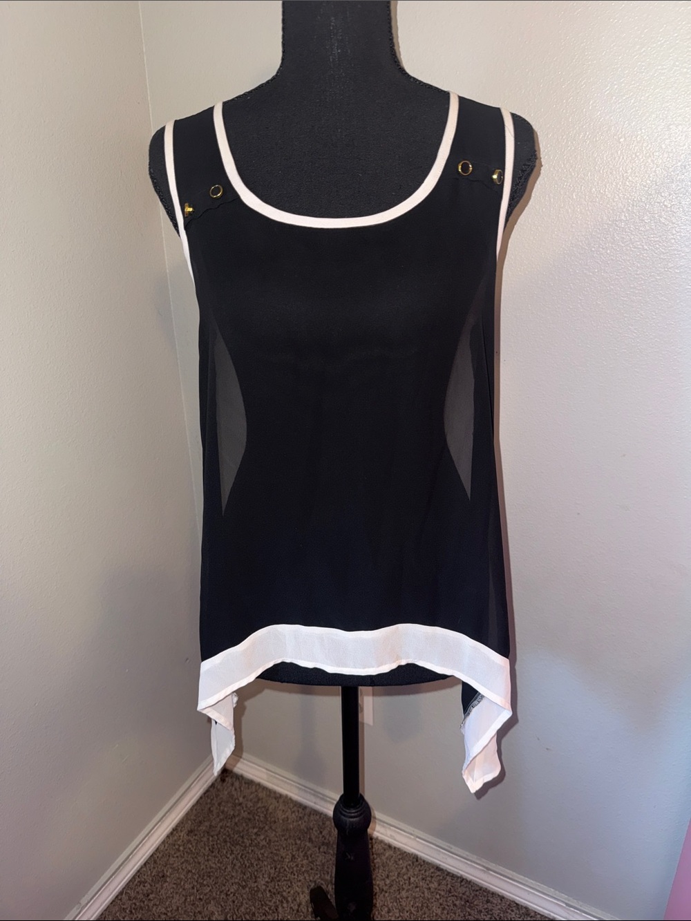 mine Black Tank with White Trim and Gold Grommet Details